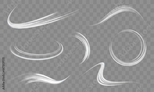 Light white Twirl. Curve light effect of white line. Luminous white circle. Vector comet with large dust. Falling Star. Glow light effect. White sparkling falling star. Stardust trail.	