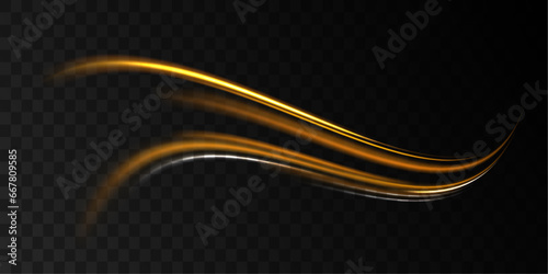 Shine magic gold swirl with flare sparkles. Vector illustration of a burning falling fireball meteor. Curved yellow line light. 