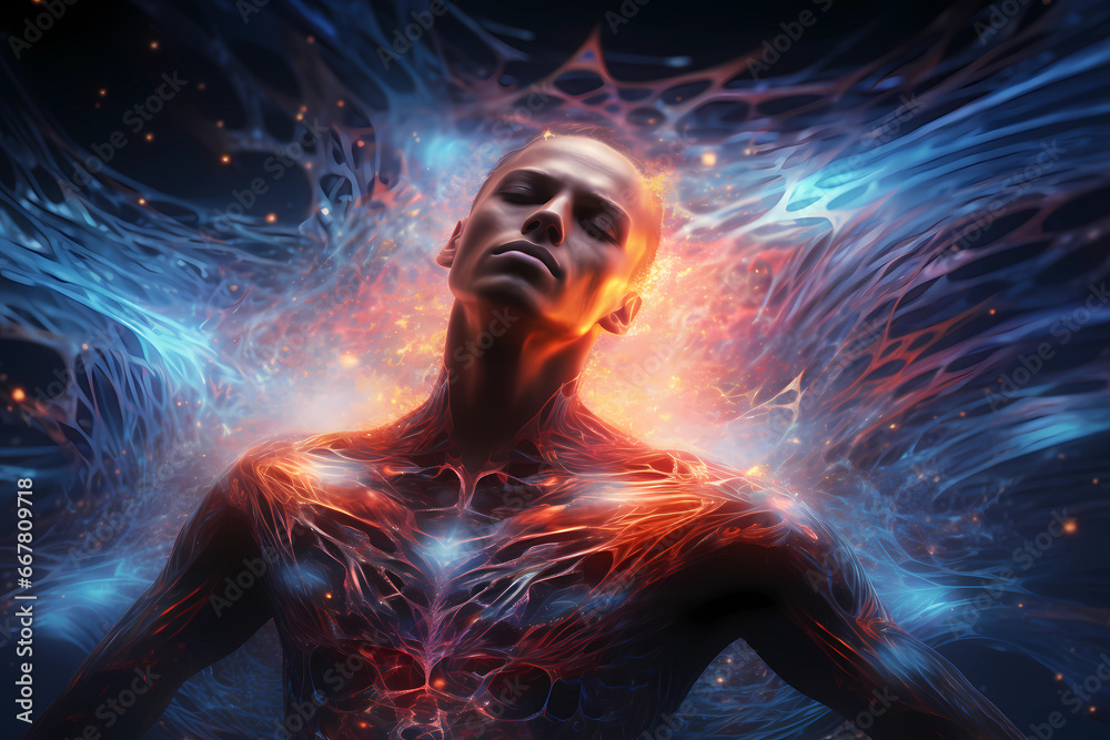 Light Within series. 3D rendering of human figure, radiating light and fractal elements on the subject of inner energy, astral dimension and spirituality. - obrazy, fototapety, plakaty 