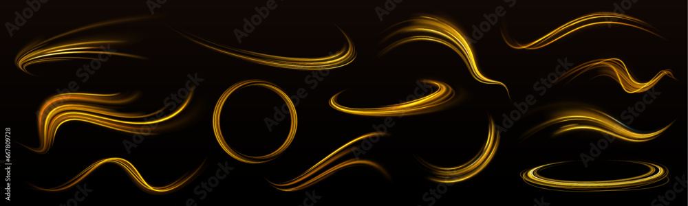 Obraz premium Vector illustration of a burning falling fireball meteor. lowing light sparkles with golden glitter, magic stardust wave and beautiful sparkle light blur trail. Falling fireball meteorite. 