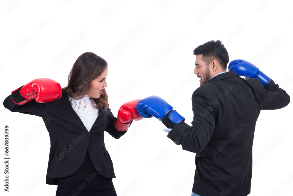 Business people boxing concept,woman hit man on white background,this has clipping path Business people boxing concept,woman hit man on white background,this has clipping path