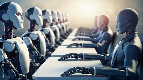 Wallpaper Mural Ai robots with mechanical parts, sitting face to face with each other in a corporate business environment Torontodigital.ca