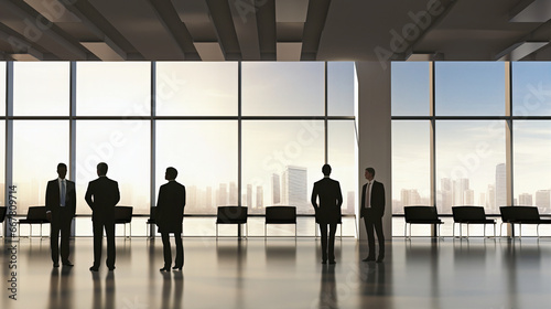 silhouettes of business people standing in an open workspace with large windows looking onto the city
