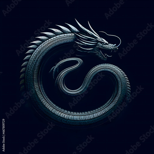 Dragon made of car tires. Motorcycle tire. Auto Racing Symbol. Tire tread texture. Dragon inscribed in a circle. Chinese dragon symbol of  year. On dark background.