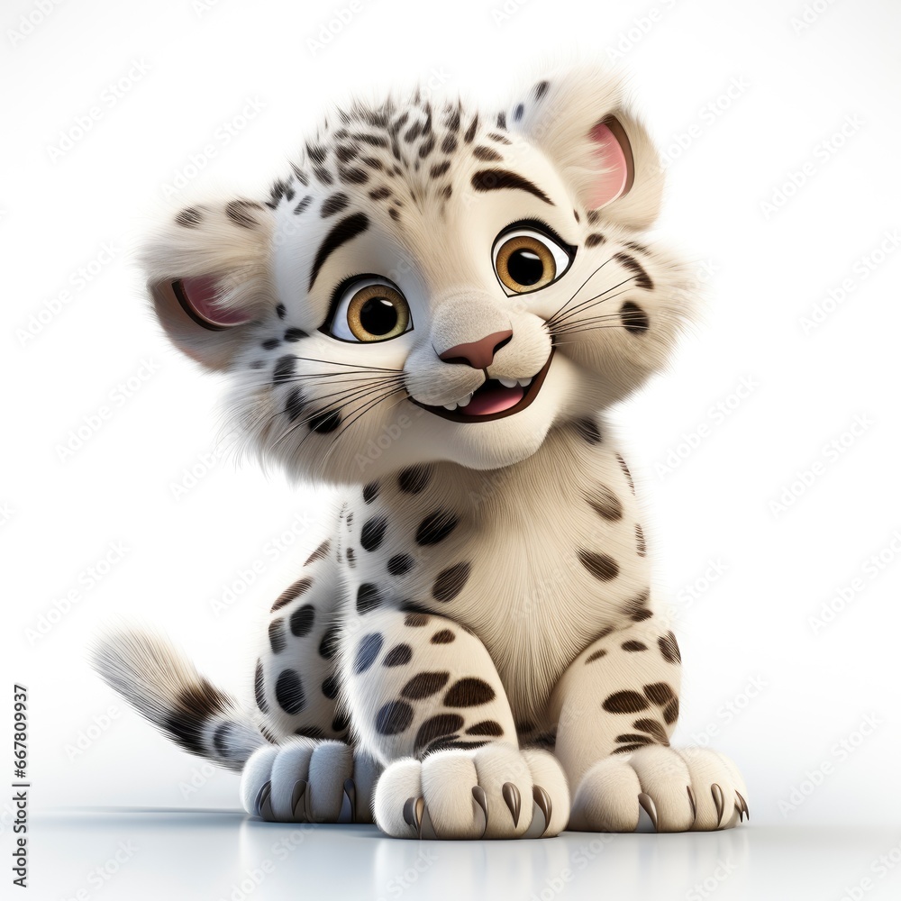 Snow Leopard , Cartoon 3D , Isolated On White Background 