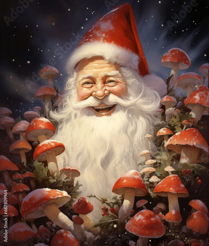 Santa Claus Jolly and Laughing Surrounded by Red Toadstool Mushrooms