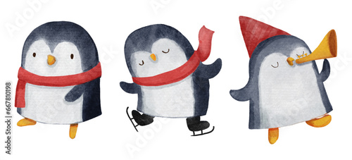 Penguin with christmas costume . Watercolor paint cartoon characters . Isolated . Set 1 of 7 . Vector .