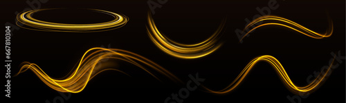 Shine magic gold swirl with flare sparkles. Vector illustration of a burning falling fireball meteor. Curved yellow line light. 
