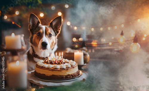 Perro festejando su cumpleaños, festejo con torta luces y velas. photo