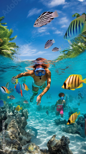 Underwater Marvels  Jubilant Family Exploring Coral Reefs and Tropical Fishes in Snorkeling Adventure on Beach Holiday