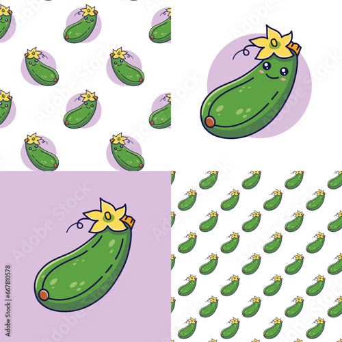Set of Cute Kawaii Zucchini patterns. Food vegetable flat icon. Cartoon Zucchini seamless pattern, doodle style. Vector hand drawn illustration. Patterns for kids clothes. Zucchini patterns collection
