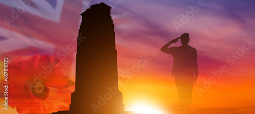 Silhouette of the Soldier and the cenotaph on UK flag background. British Commonwealth countries holiday. 3d illustration photo