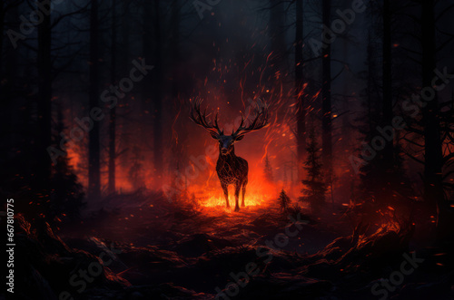 Glowing fire deer standing in the night forest among burning trees. Fantastic creature.
