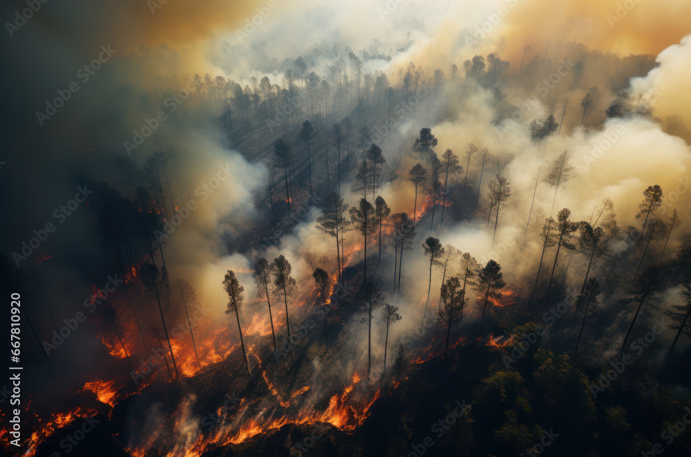 Fototapeta premium Fire in the forest bird's-eye at daylight. Burning trees and smoke. Environmental disaster