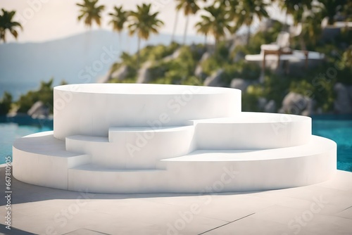 podium made of white rock for product displays. 3D illustration of a pedestal for natural beauty, relaxation, and wellness. © Amazing-World