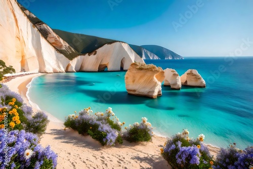 Beautiful natural scenery on one of Greece's most stunning beaches on a bright day. Lefkada's Porto Katsiki. photo