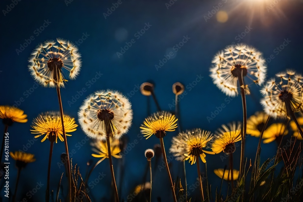 summery spring background with flowers. Dandelion blooms in a field, close-up, with a dark blue background in the evening at sunset.