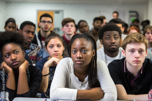 Diverse group of students attentively listening in a classroom.