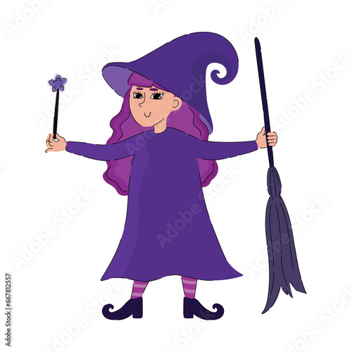 Cute cartoon witch with magic wand and broom. Hand drawn Halloween vector illustration