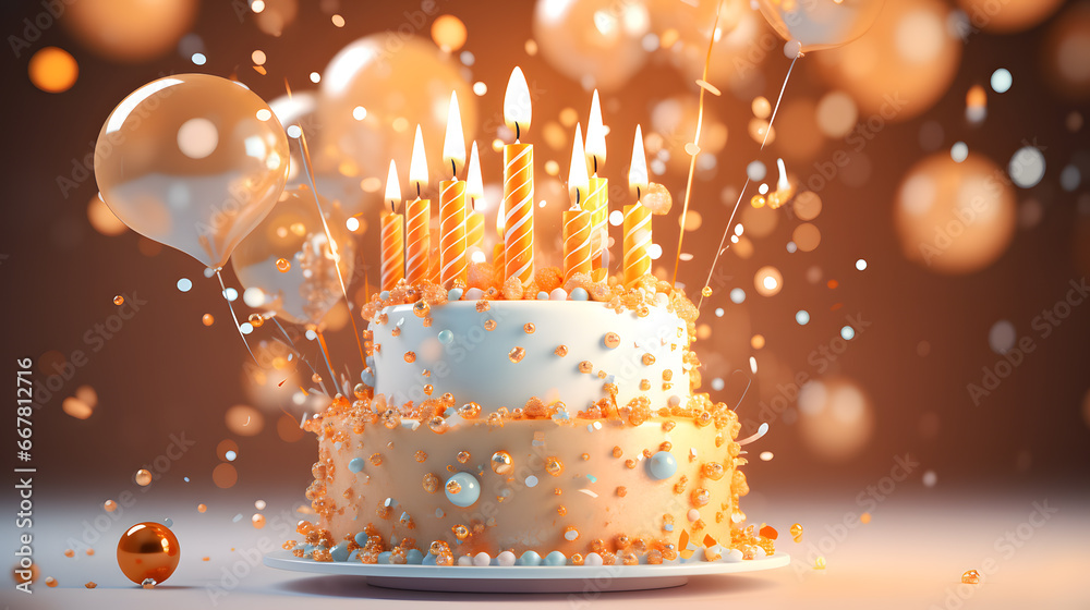 Birthday cake with pink candles, balloons and confetti on pink ...