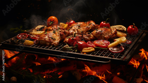 a chicken cooking on grill in flame