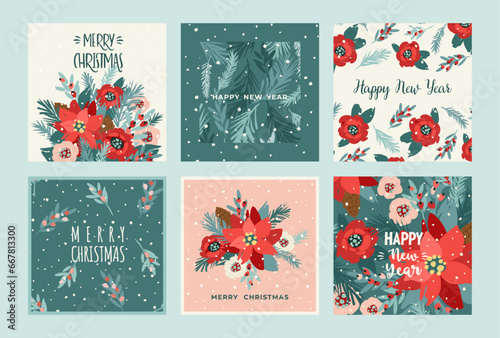 Christmas and Happy New Year cards with flowers, christmas tree, branches, leaves, berries, snowflakes. Trendy retro style. Vector design
