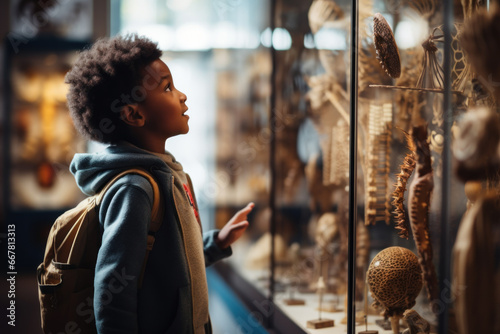 Young kid fascinated by museum artifacts. photo