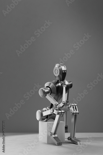 Solitary robot assumes a thinker's pose, showcasing its ability to convey deep contemplation, solitude, and focused introspection in a studio setting