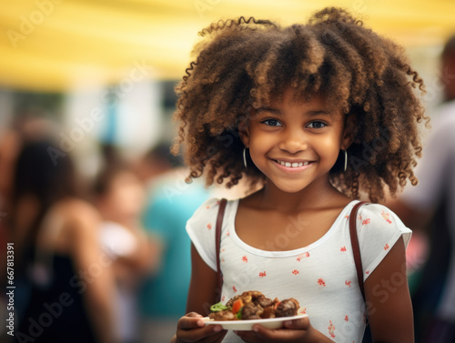 Cheerful young girl holding a plate at an outdoor event.