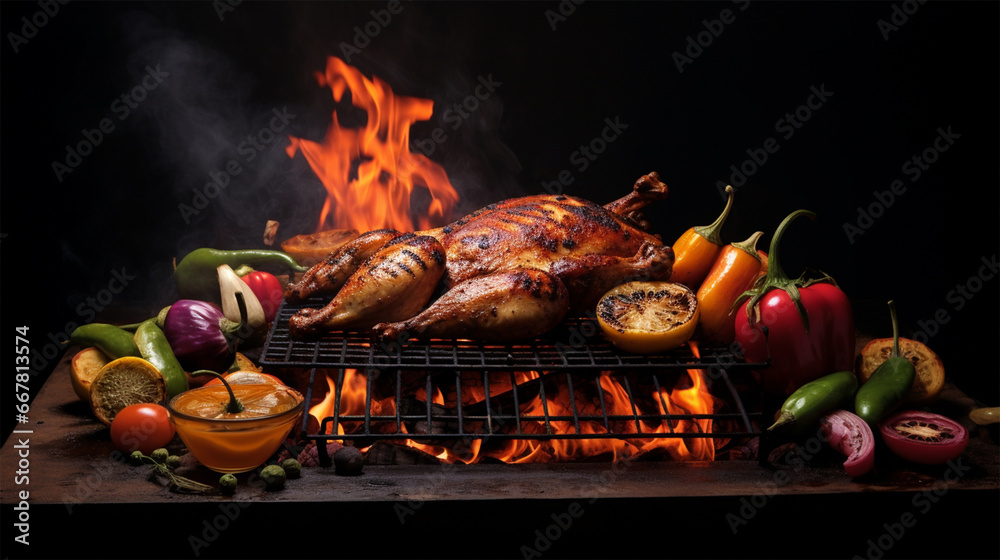 a chicken cooking on grill in flame