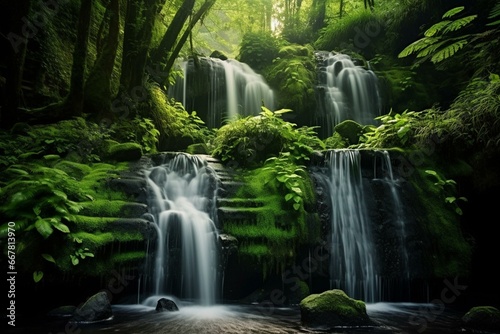 A cascading waterfall flows through a lush  green forest. Generative AI