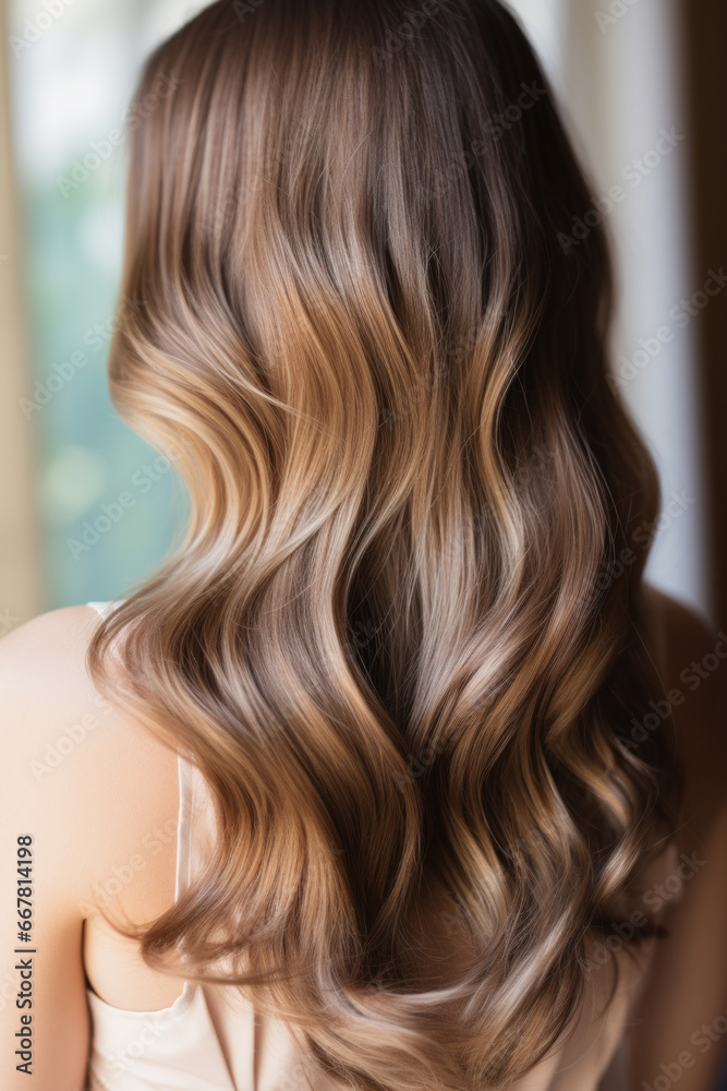Glossy brunette waves with elegant highlights cascading down. Glossy brunette waves with elegant highlights cascading down.