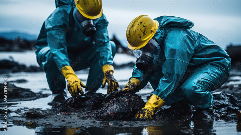 Fototapeta premium Workers cleaning up an oil spill on the coastline.