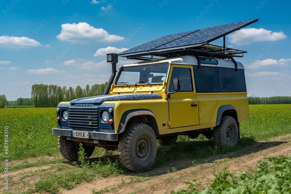 Solar panels mounted on agricultural vehicle. Generative AI