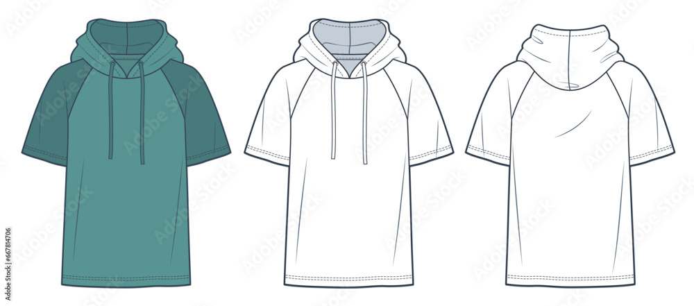 Raglan Sleeve Hoodie fashion flat technical drawing template. Tee Shirt technical fashion Illustration, overfit, short sleeve, front, back view, white, green color, women, men, unisex CAD mockup set. Raglan Sleeve Hoodie fashion flat technical drawing template. Tee Shirt technical fashion Illustration, overfit, short sleeve, front, back view, white, green color, women, men, unisex CAD mockup set.
