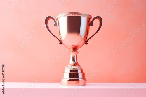 Shiny trophy on pink background symbolizing victory.