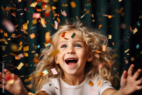 Child rejoices in confetti, the child blows confetti from the palms, holiday and happiness, new year and Christmas © Good AI