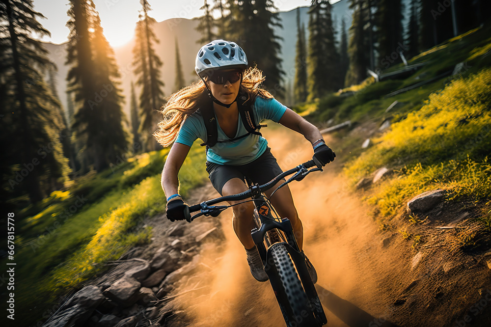Summer Adventure Mountain Biking Woman Enjoys a Thrilling Ride in the Forested Landscape of the Mountains. created with Generative AI