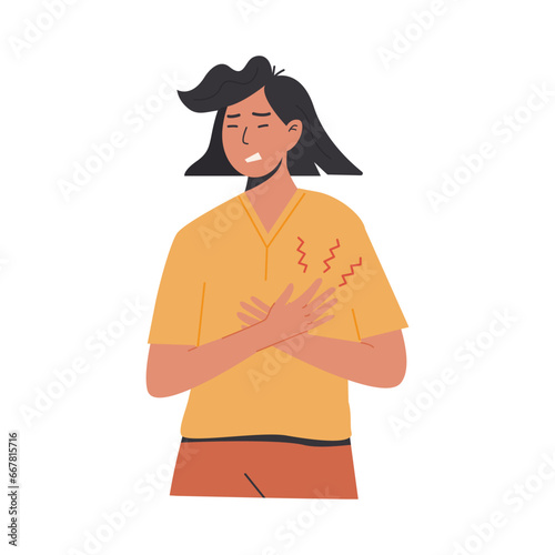 Young woman with heart pain touching her chest. Cardiac Distress. A person experiencing a heart attack. Medical patient with stroke. Vector illustration isolated on white background.