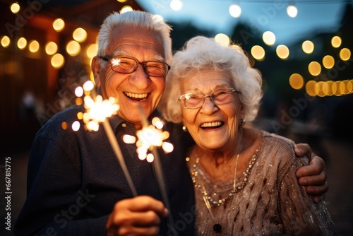 Old man and woman holding sparklers in their hands, grandparents rejoicing, holiday, New year, Christmas