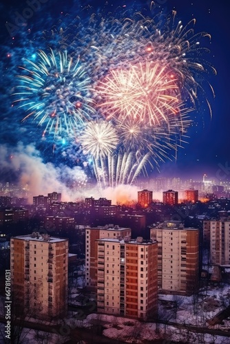 Festive night fireworks over the houses of the city, New Year's fireworks © Good AI