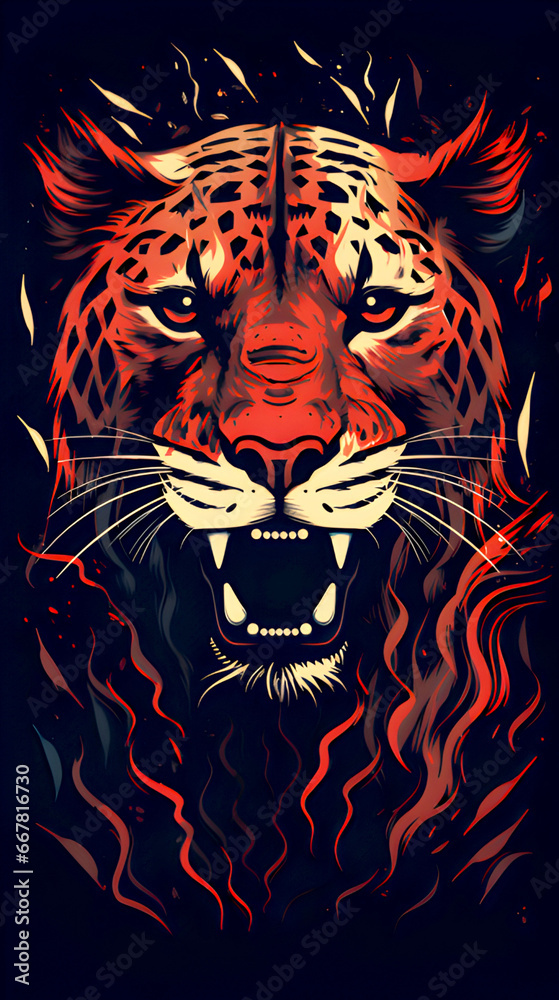 Angry aggressive growling cheetah in red and black colors.