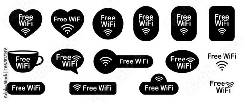 Free WiFi icons. Set of black and white stickers. Free Wi-Fi zone. Speech bubble, coffee cup, heart. Public internet	