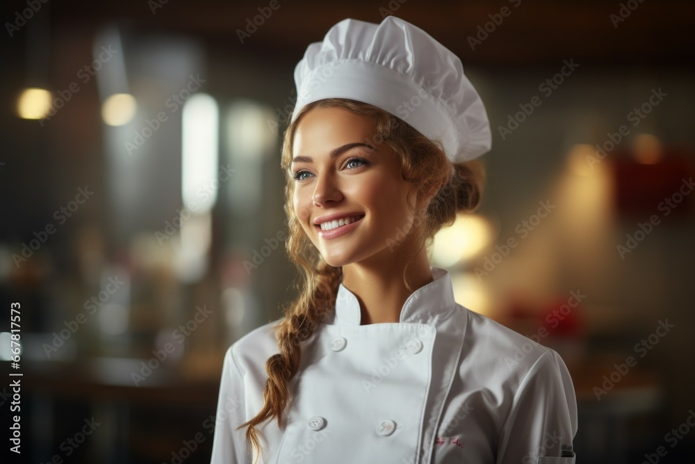 The woman is a professional chef. Popular professions concept. Background with selective focus and copy space The woman is a professional chef. Popular professions concept. Background with selective focus and copy space