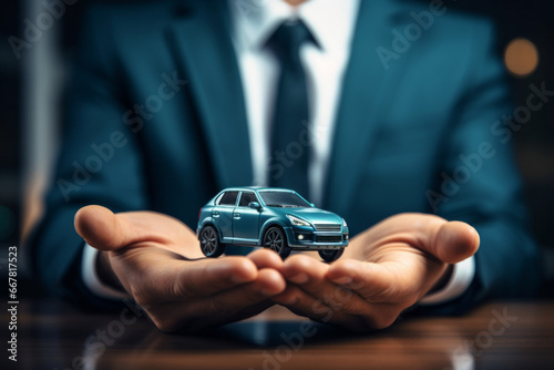 Small car model in hands. Purchase and insurance concept. Background with selective focus and copy space