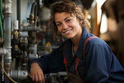 Woman plumber. Portrait with selective focus and copy space