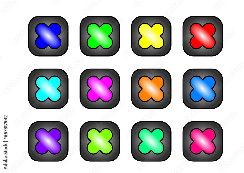 zwölf verschiedenfarbige buttons  mit kreuzen vor grauem hintergrund in 3D-optik, modernes abstraktes design, sammlung von logos
