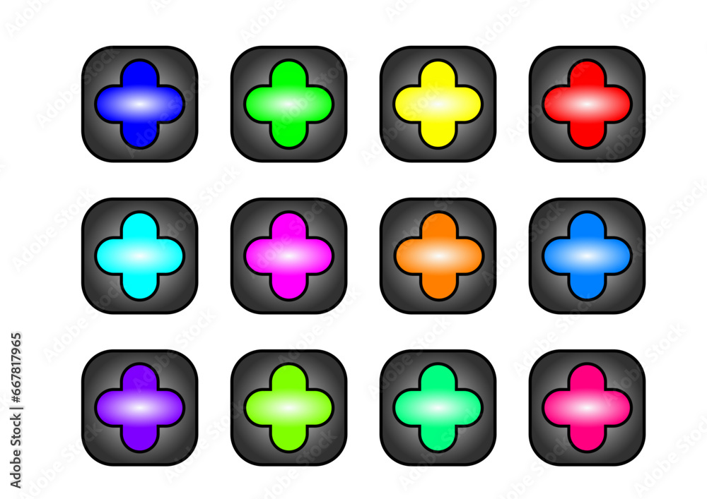 zwölf verschiedenfarbige buttons mit kreuzen vor grauem hintergrund in 3D-optik, modernes abstraktes design, sammlung von logos
