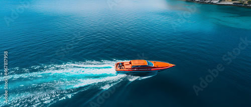 Orange Luxury Speed Boat in the Ocean - Generative Ai © Chich
