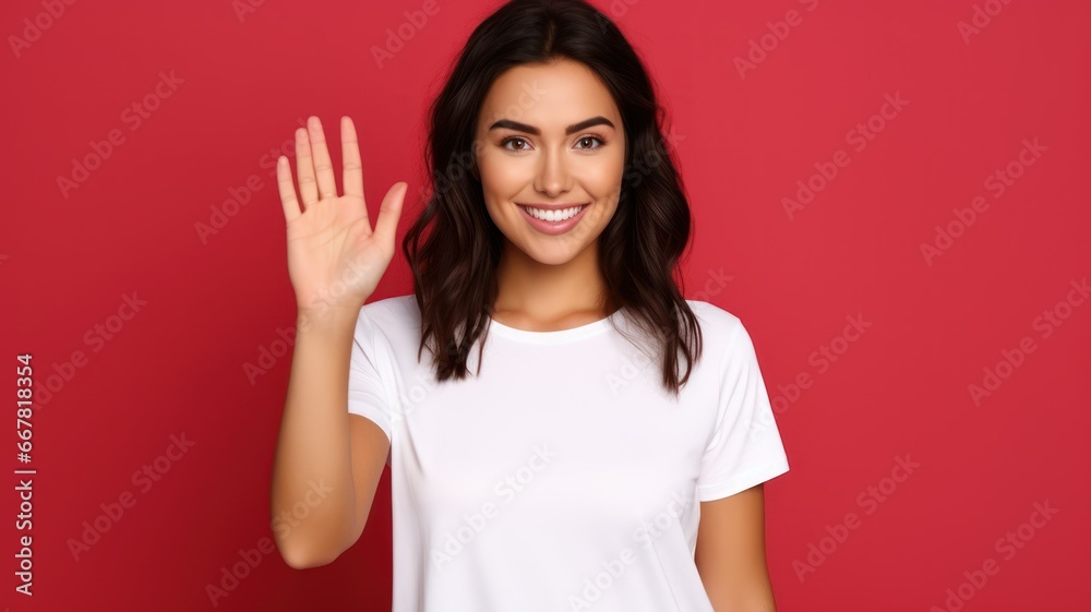 Beautiful Fictional Young Person Waving Hand. Model Greeting. Hello Hand Gesture. Generative AI. Beautiful Fictional Young Person Waving Hand. Model Greeting. Hello Hand Gesture. Generative AI.